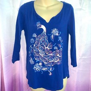 Lucky Brand Royal Blue Peacock Top 3/4 Sleeves